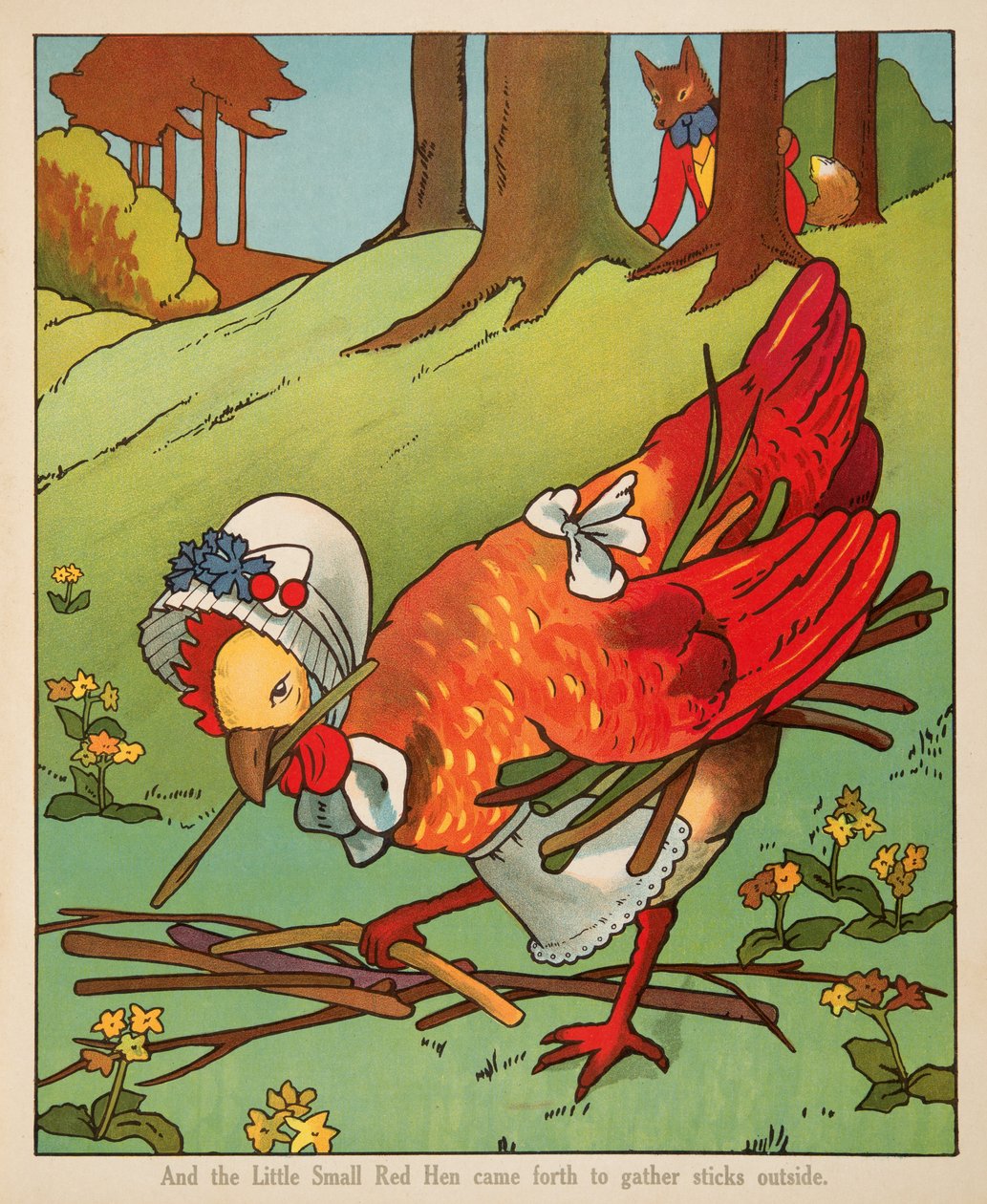"Og den lille røde høne kom frem for at samle pinde udenfor", fra Peter Rabbit Lille røde høne og ugle og fissekat pub. Charles E Graham & Co. c. 1900 (kromolitografi) af American School