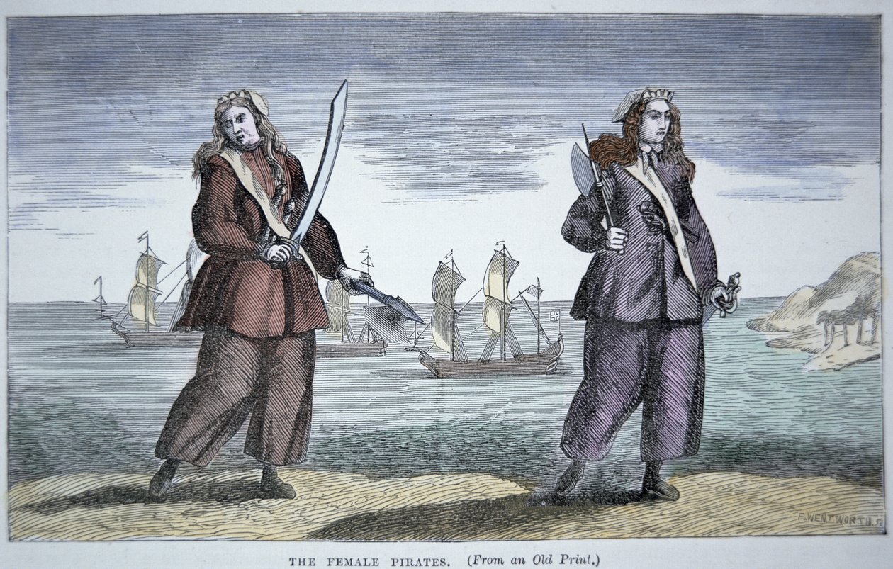 Anne Bonny (f.1697) og Mary Read (farvet gravering) af American School