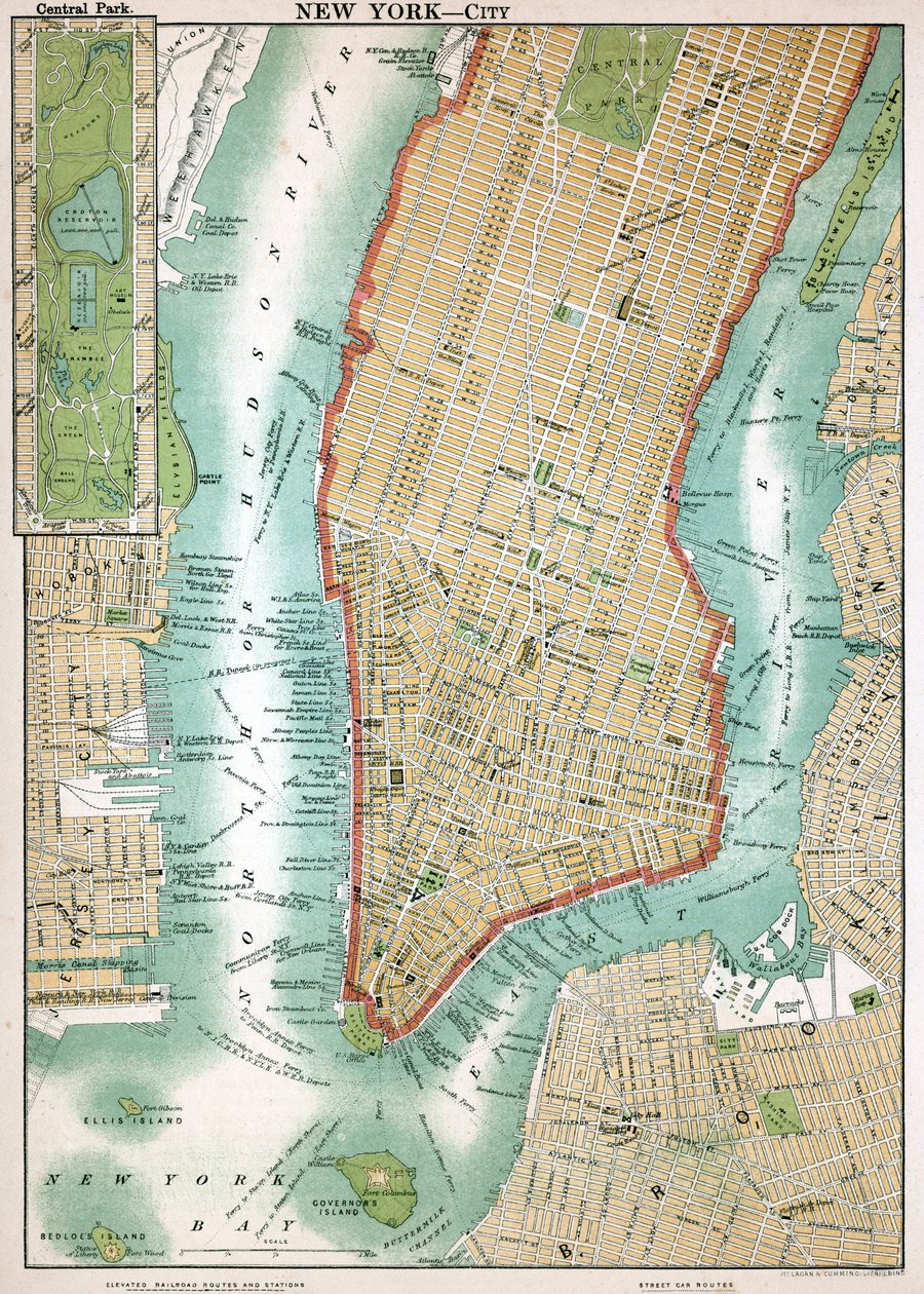 Antik kort over Lower Manhattan og Central Park af American School