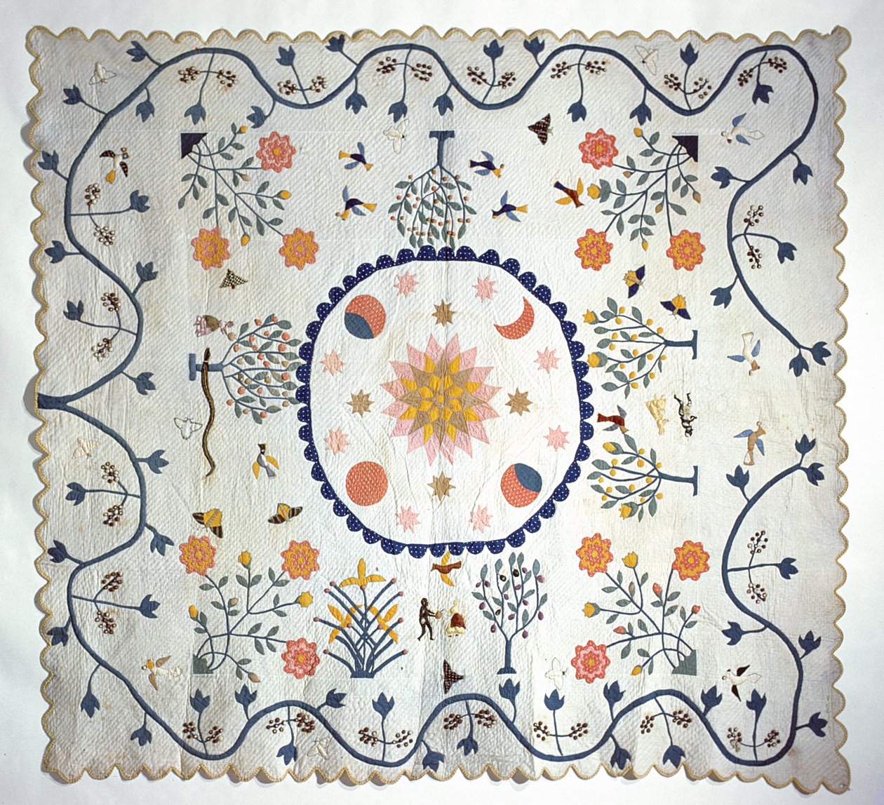 Applikationsdyne med sol, måne, stjerner og Edens have, fra Arkansas, ca. 1850-80 (bomuld) af American School