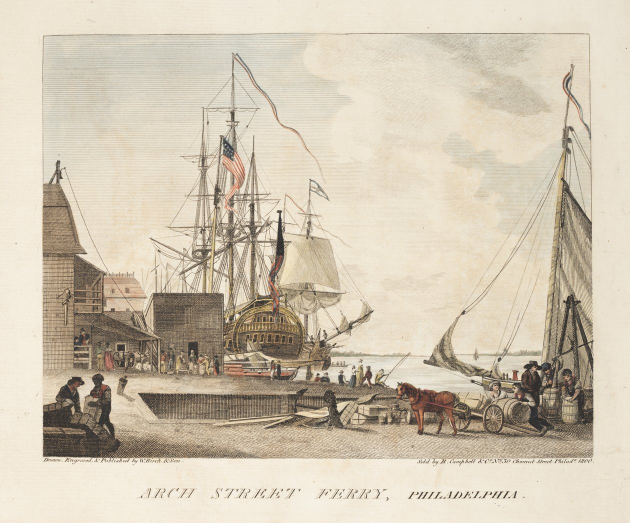 Arch Street Ferry, Philadelphia (farvet indgravering) af American School