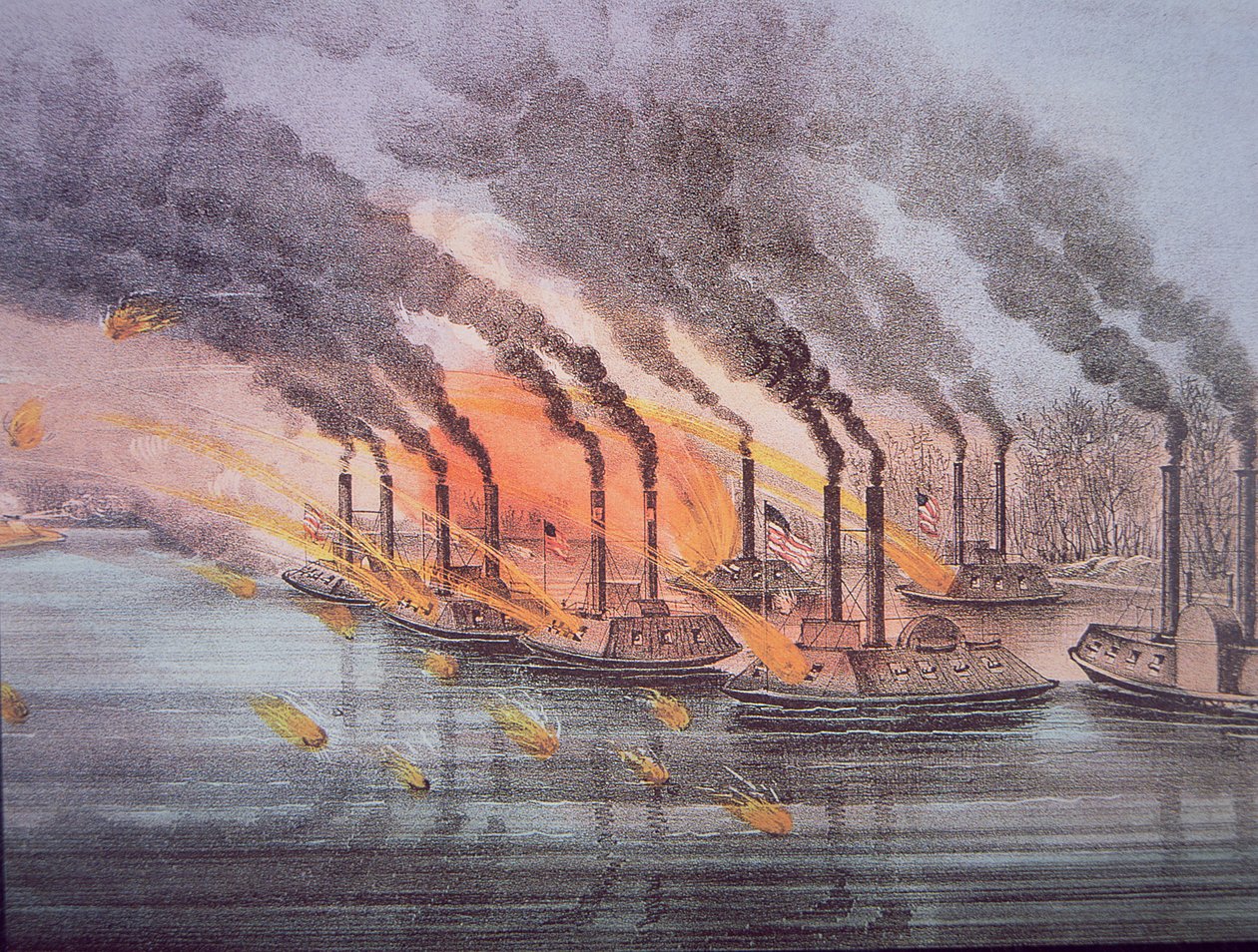 Pansrede kanonbåde under kommando af den amerikanske flagofficer Andrew Foote, 6. februar 1862 (farvet indgravering) af American School
