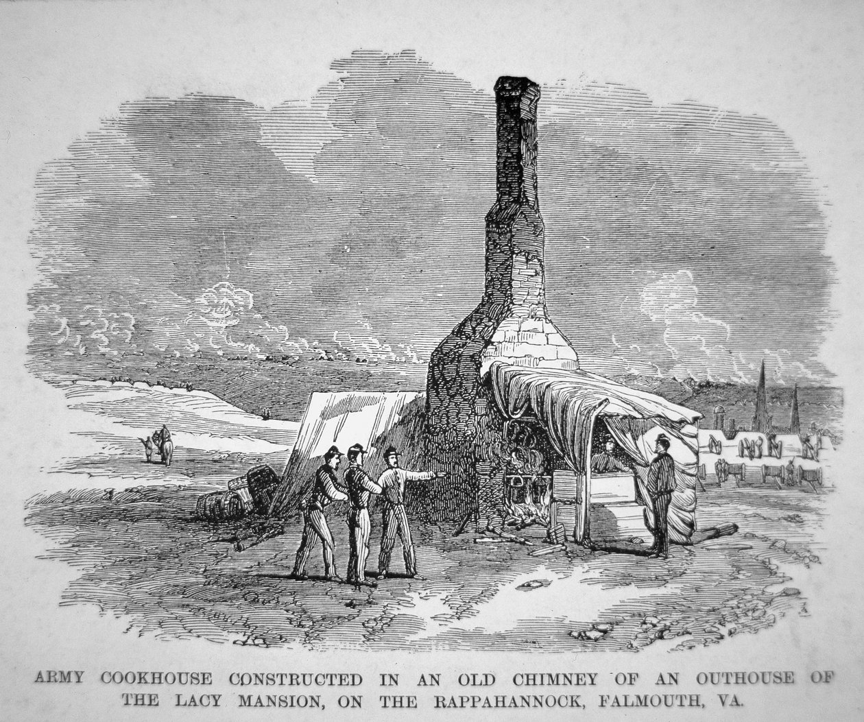 Hærens kogehus bygget i en gammel skorsten i et udhus til Lacy-palæet på Rappahannock, Falmouth, Virginia (gravering) af American School