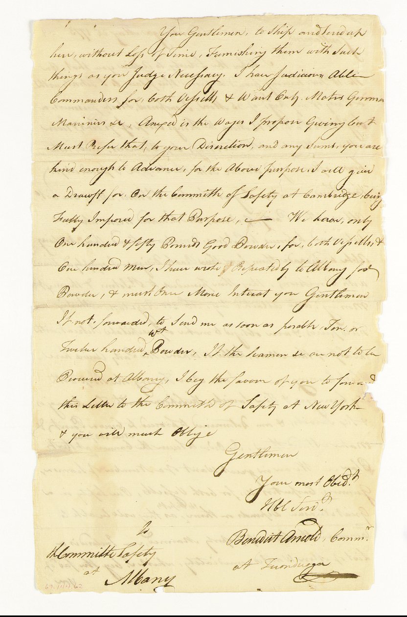 Arnold Benedict (1741-1801) General, Kontinentalhær, Forræder. Autografbrev underskrevet ("Benedict Arnold Commr. at Ticonderoga") til sikkerhedskomitéen i Albany, Ticonderoga, 22. maj 1775 (pen og blæk på papir) af American School