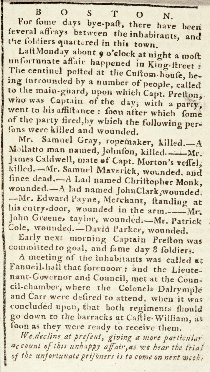 Artikel fra Boston Chronicle, der beskriver begivenhederne under Boston-massakren, 5. marts, 1770 (avispapir) af American School