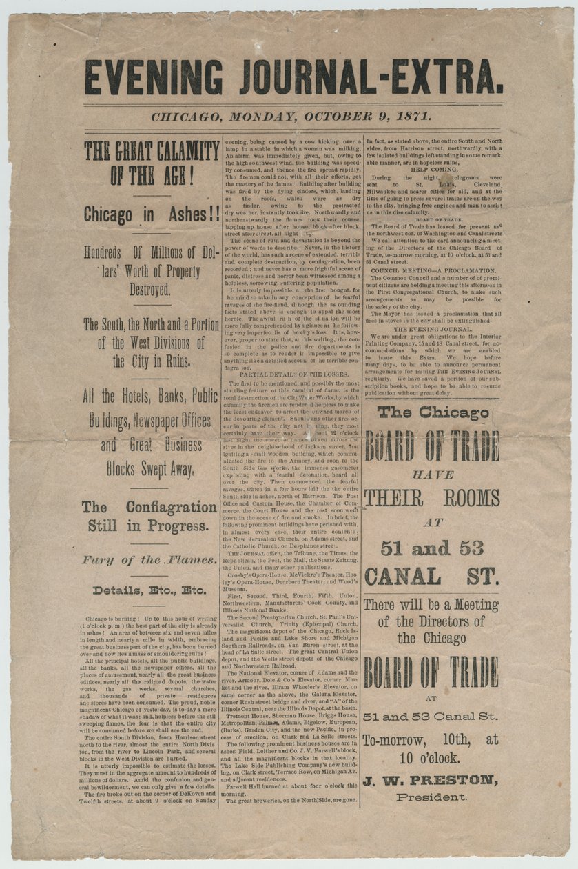 Artikel fra Chicago Evening Journal-Extra om Chicago-branden i 1871, 9. oktober 1871 (avispapir) af American School