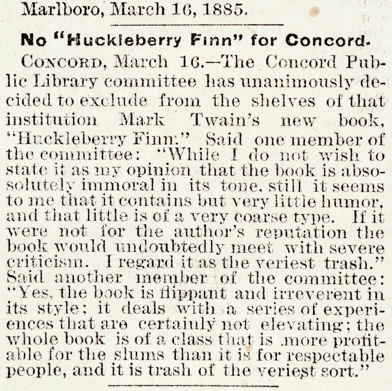 Artikel i Boston Daily Globe om forbud mod Huckleberry Finn i Concord, Massachusetts, fra den 16. marts 1885 (avispapir) af American School