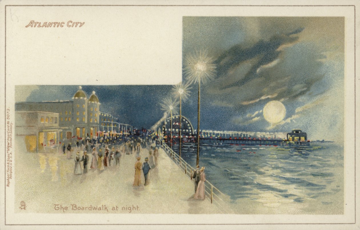 Atlantic City, The Boardwalk om natten (chromolitho) af American School