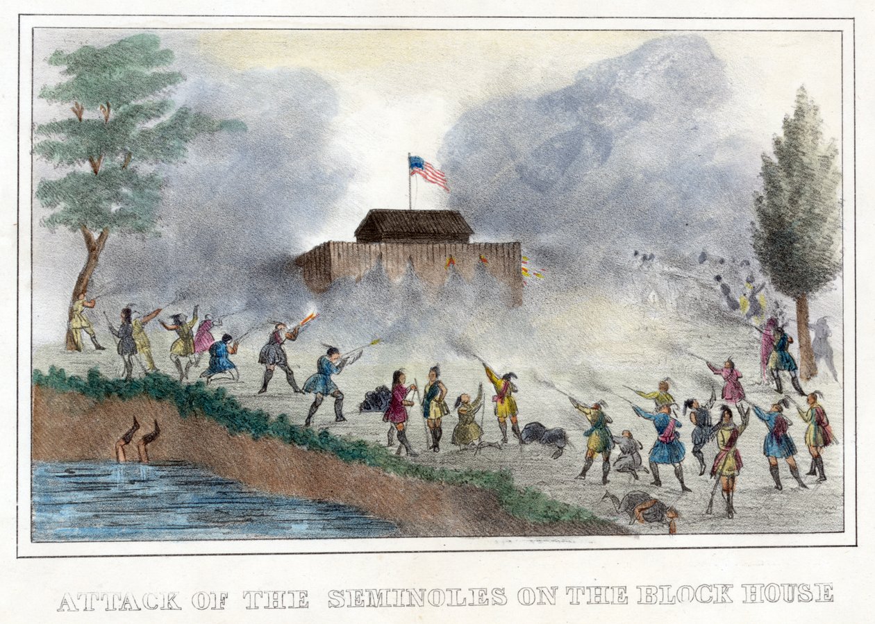 Attack of the Seminoles on the Block House, pub. 1836 (håndfarvet gravering) af American School