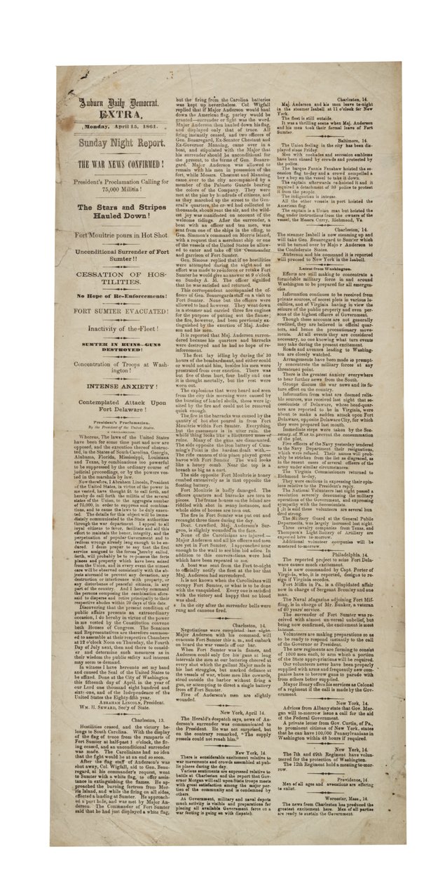 Auburn Daily Democrat Extra vedr.: Fort Sumter, 15. april 1861 af American School