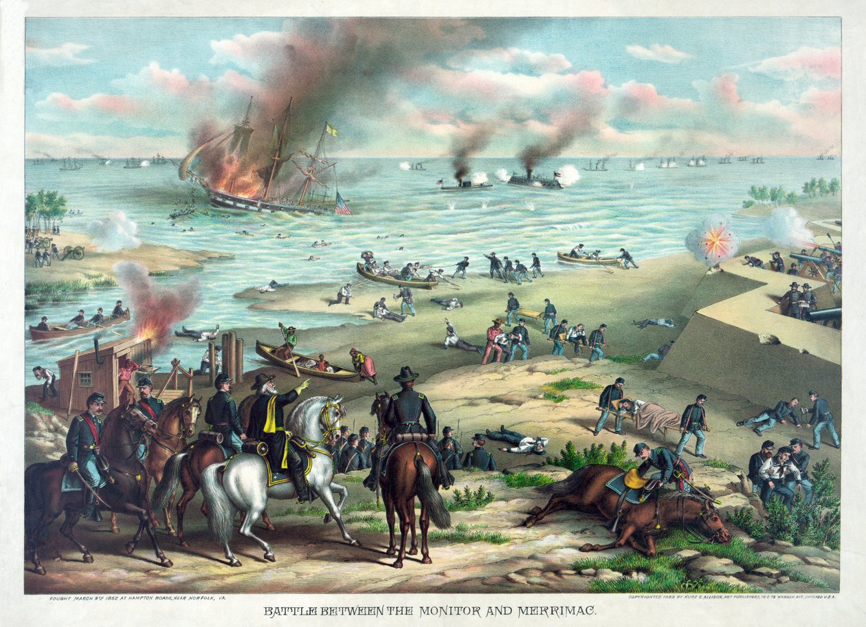 Battle Between the Monitor og Merrimac, 9. marts 1862 på Hampton Roads, nær Norfolk, Virginia, pub. Kurz & Allison, ca. 1889 af American School