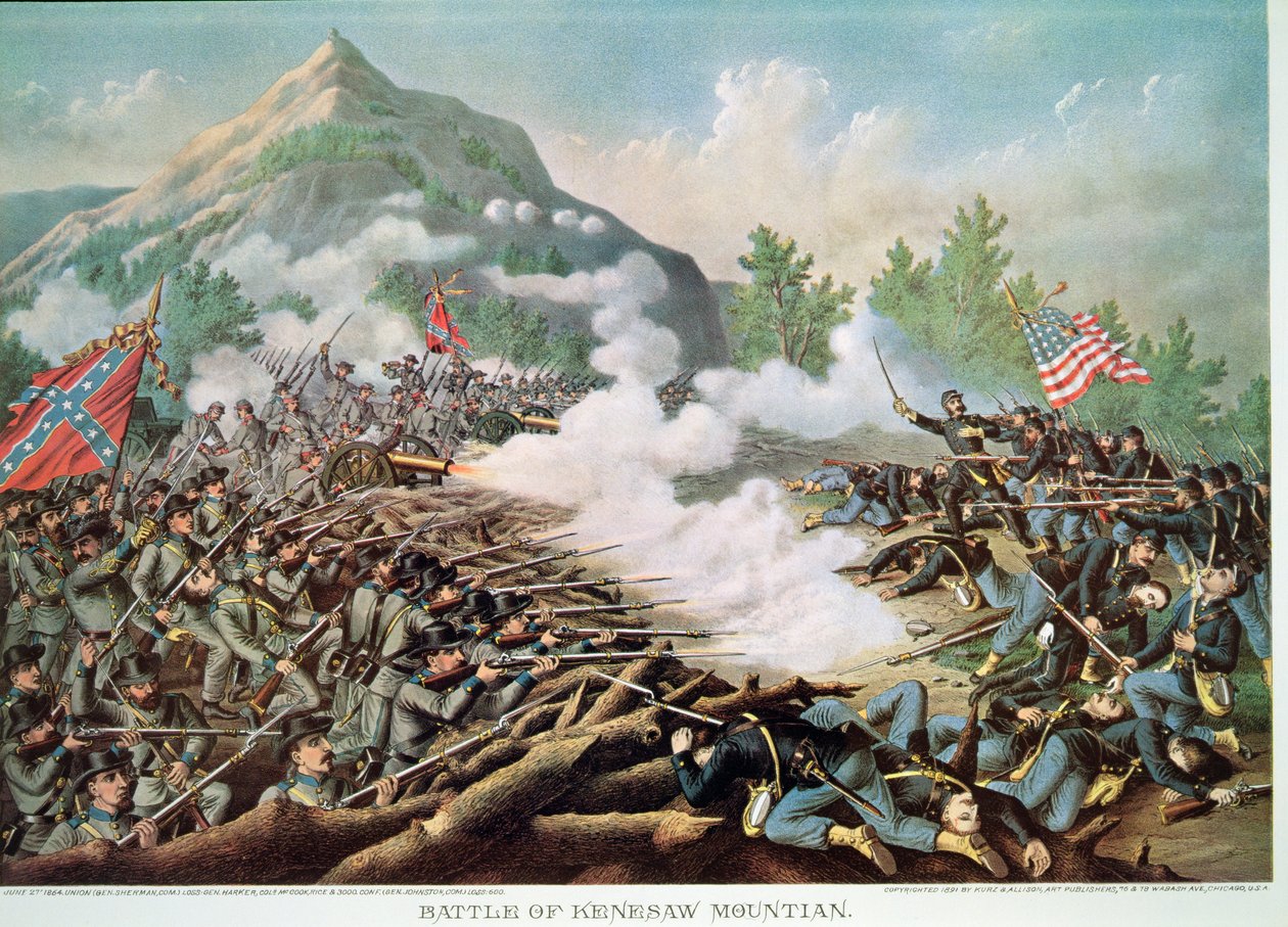 Slaget ved Kenesaw Mountain, Georgia, 27. juni 1864, indgraveret af Kurz & Allison af American School