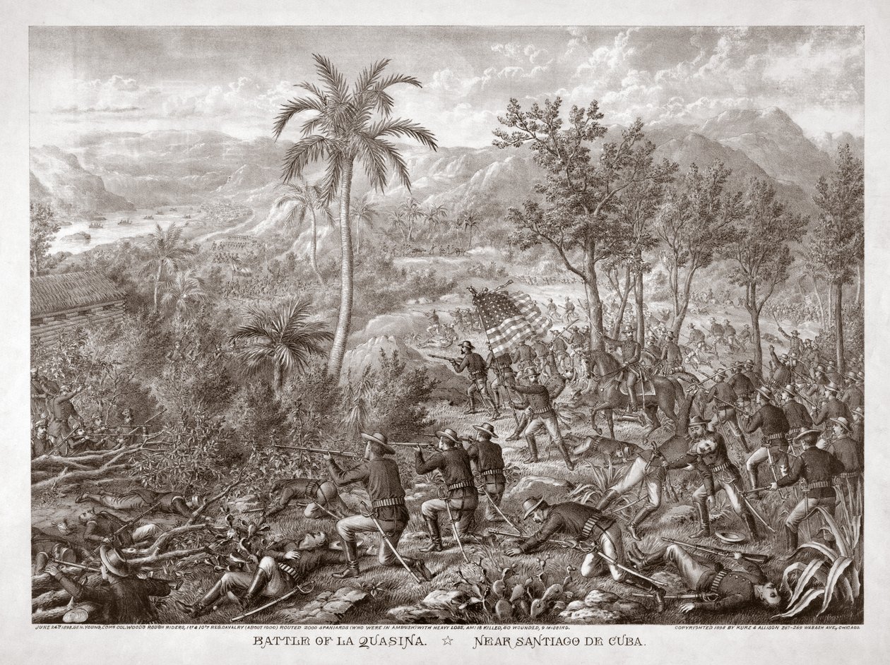 Slaget ved La Quasina, nær Santiago de Cuba, pub. 1898 (kobberstik) af American School