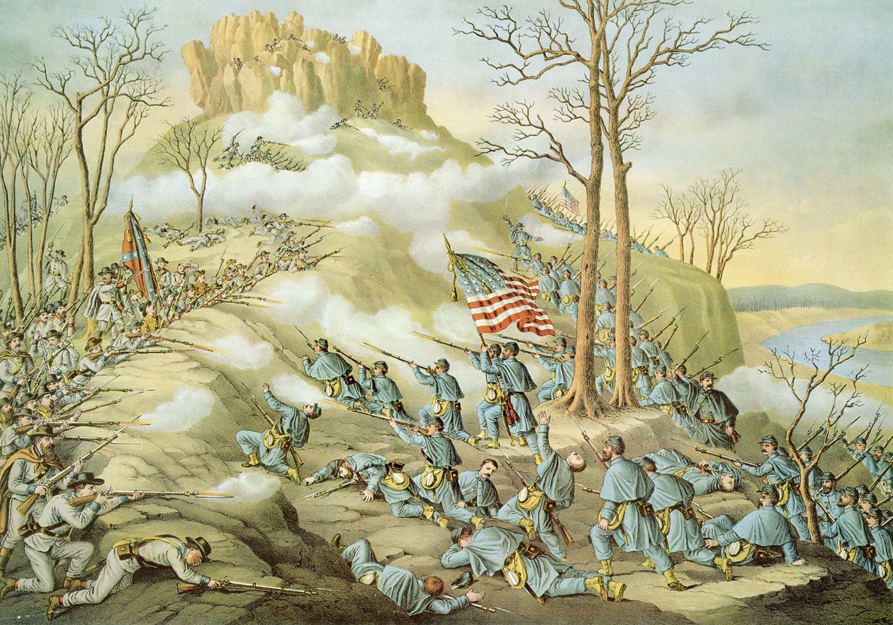 Slaget ved Lookout Mountain, 24. november 1863, indgraveret af Kurz & Allison af American School