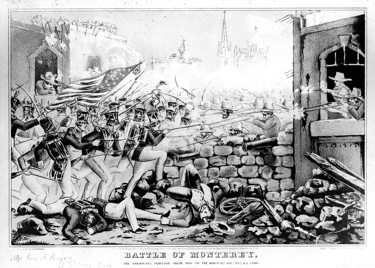 Slaget ved Monterey: Amerikanerne tvinger sig vej til Main Plaza, 23. september 1846, indgraveret og udgivet af Nathanial Currier (1813-88) af American School