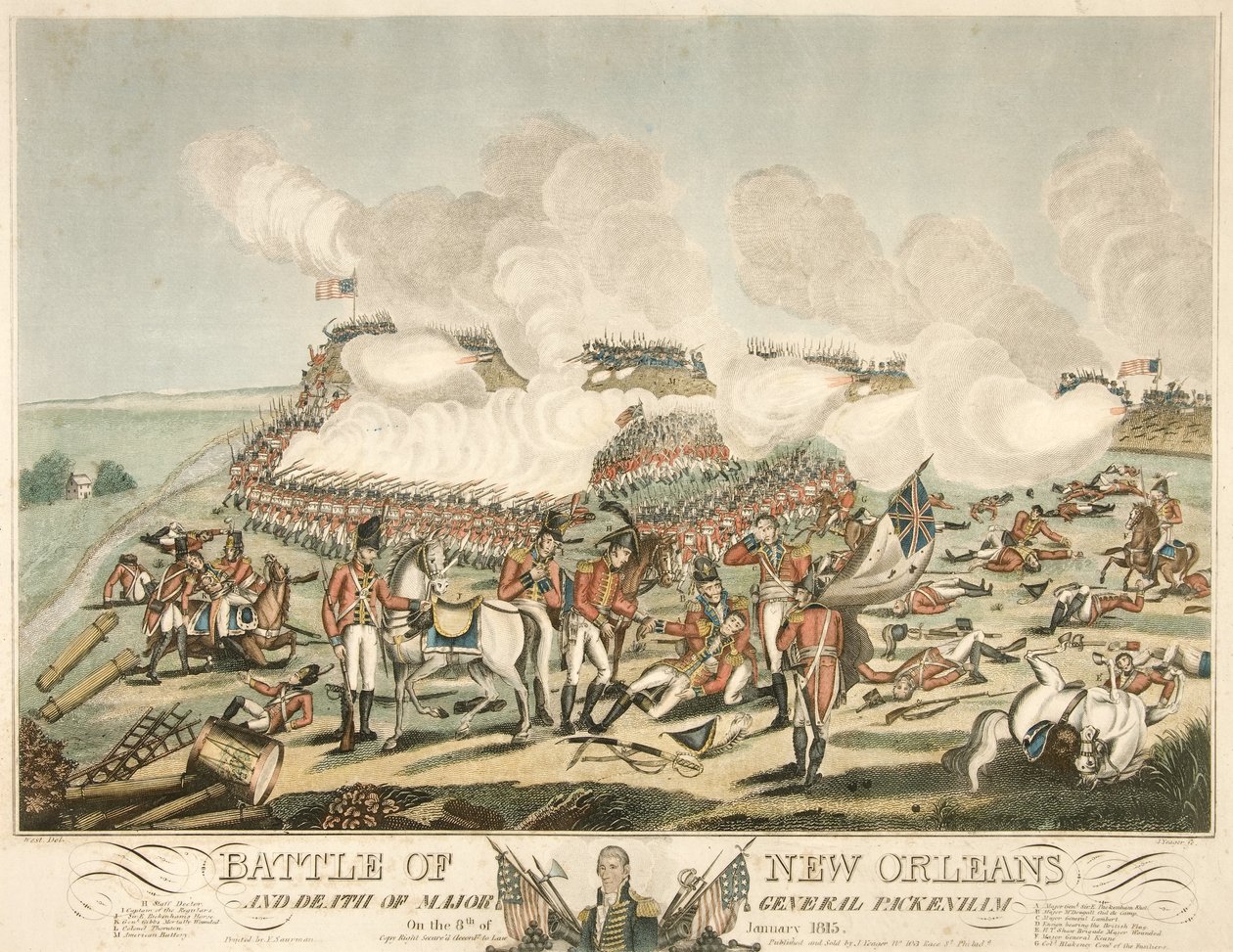 Slaget ved New Orleans og generalmajor Packenhams død den 8. januar 1815, pub. 1815 (farvet gravering) af American School