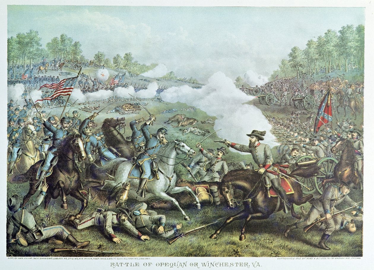 Slaget ved Opequan eller Winchester, Virginia, indgraveret af Kurz & Allison af American School