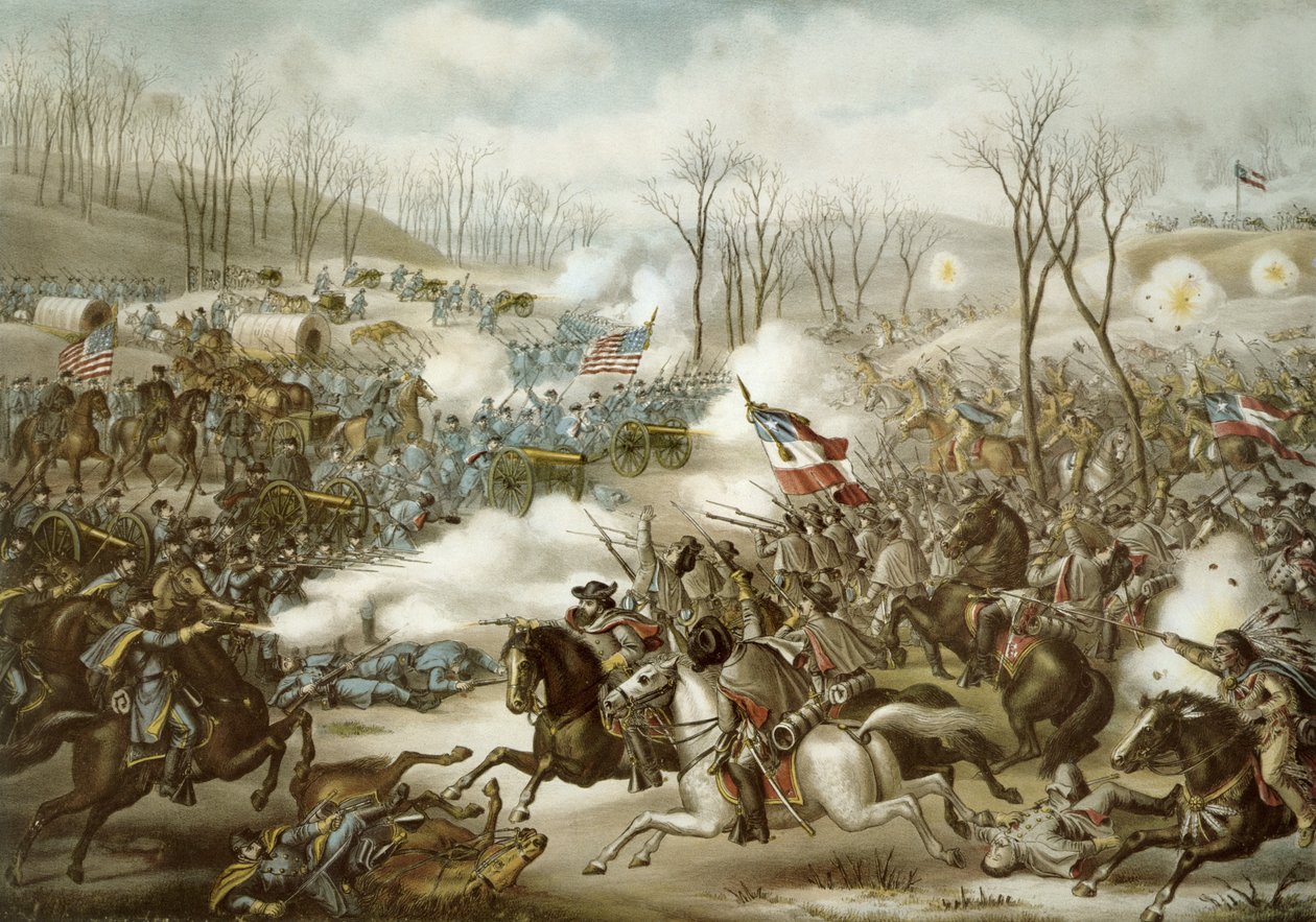 Battle of Pea Ridge, Arkansas, 6.-8. marts, indgraveret af Kurz & Allison (farve litho) af American School