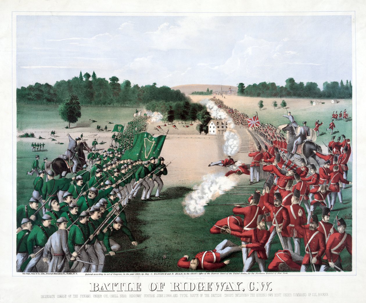 Battle of Ridgeway, C.W., pub. 1869 (farvet gravering) af American School