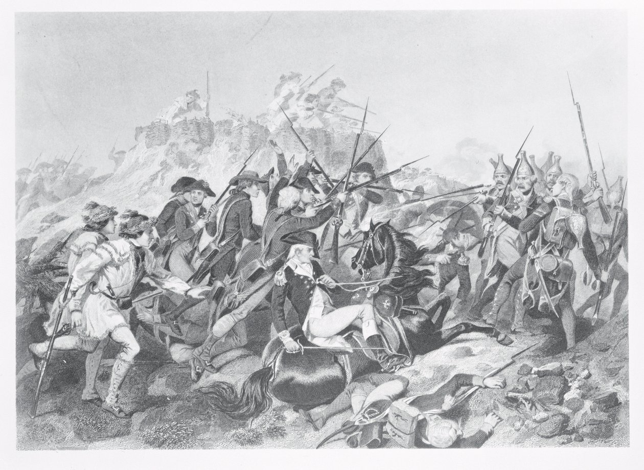 Slaget ved Saratoga - General Arnold såret i angrebet på Hessian Redoubt, 17. oktober 1777 af American School