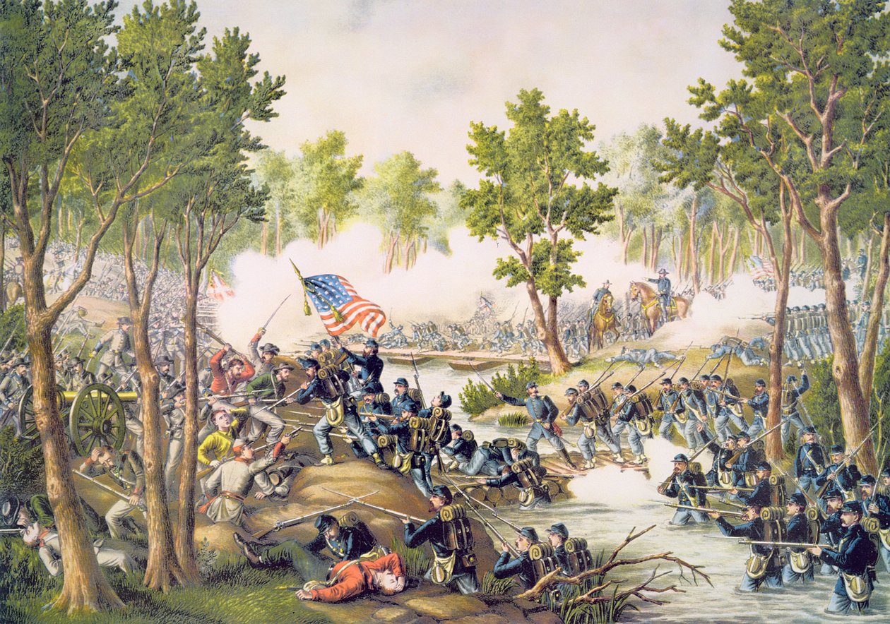 Slaget ved Spottsylvania, maj 1864, indgraveret af Kurz & Allison af American School