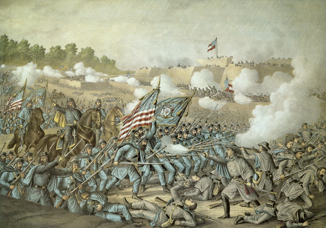 Slaget ved Williamsburg, 5. maj 1862 af Kurz & Allison (farve litho) af American School