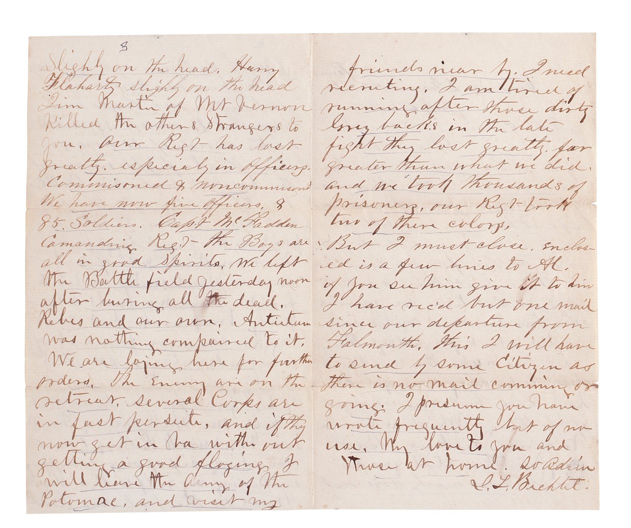 Brev med kamprapport af G. L. Brehct (pen og blæk på papir) af American School