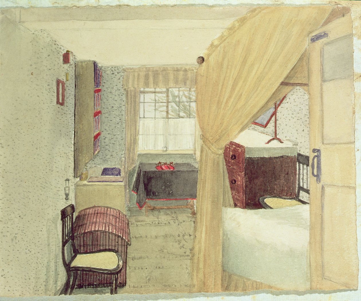 Soveværelsesinteriør i Albany, New York, 1861 (wc med blyant på papir) af American School