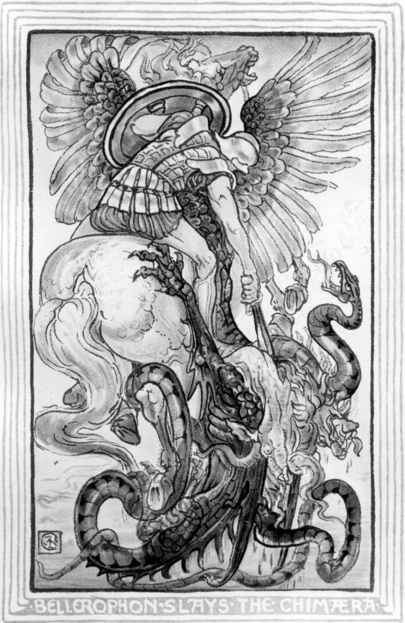 Bellerophon Slayed the Chimera, taget fra The Wonder-Book for Girls and Boys skrevet af Nathaniel Hawthorne, 1852 af American School