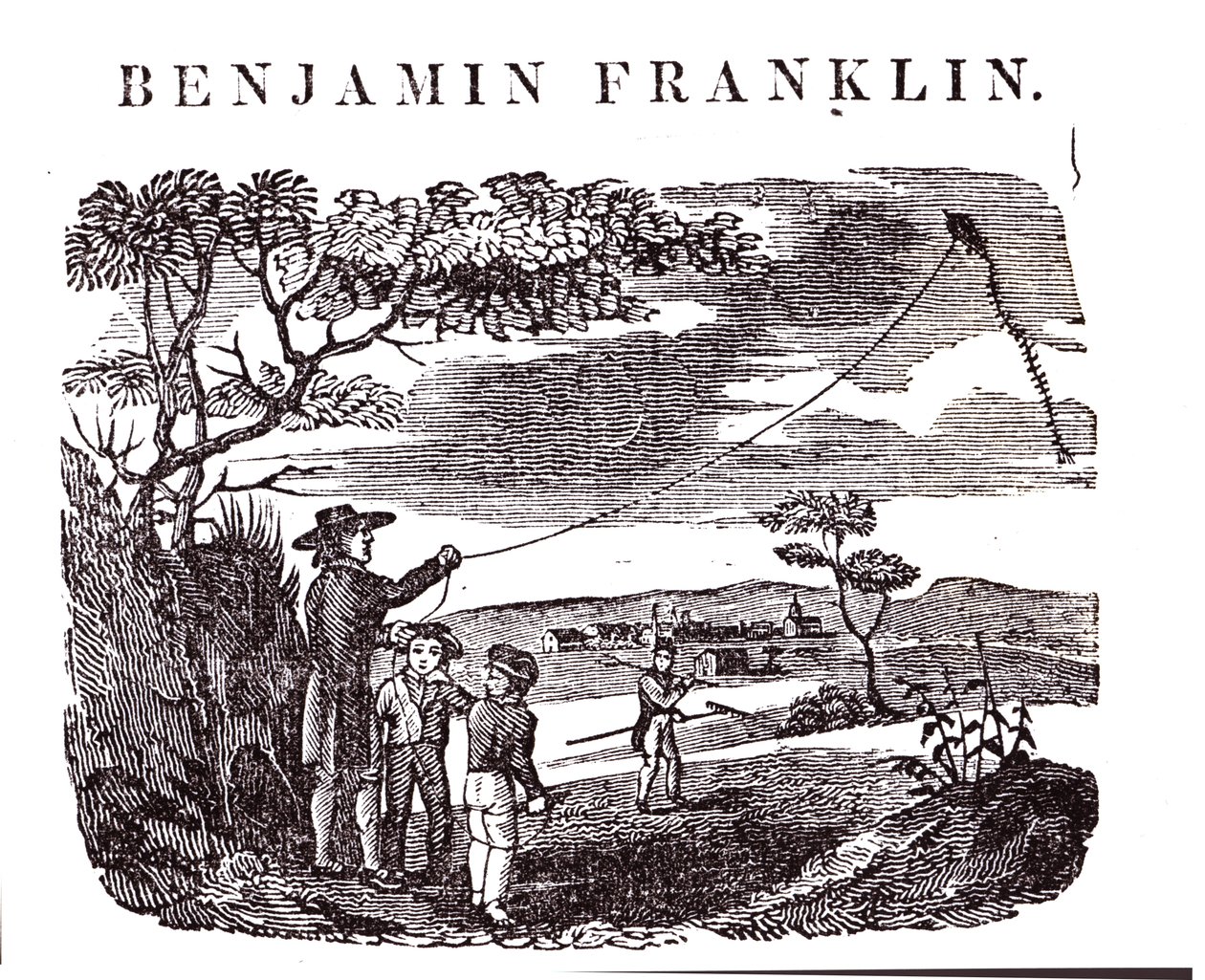 Benjamin Franklin (1706-90) udfører sit drageeksperiment af American School