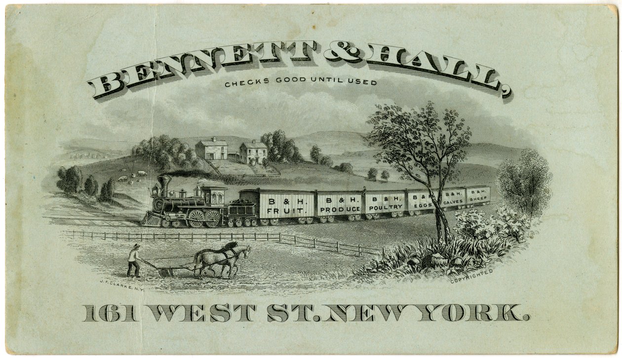 Bennett & Hall handelskort [recto], 1882 (graveret litografi [fartkort]) af American School