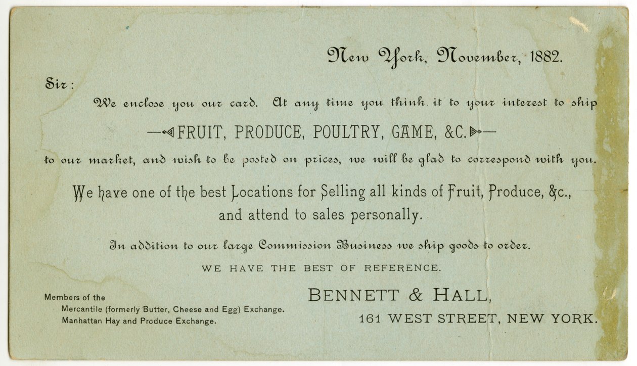 Bennett & Hall handelskort [verso], 1882 (graveret litografi [fartkort]) af American School