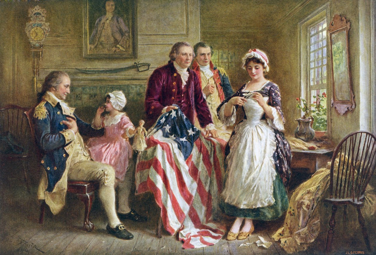 Betsy Ross syr det amerikanske flag af American School