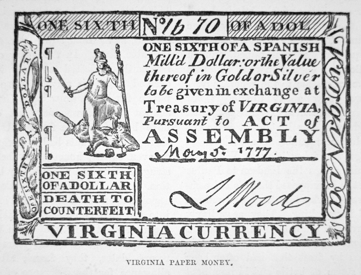 Regning for en sjettedel af en dollar, Virginia papirpenge af 1777 (litho) af American School