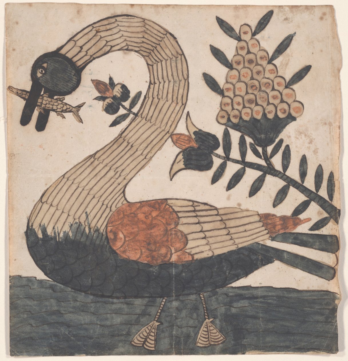 Fugl med fisk, Fraktur-maleri, c.1810 af American School