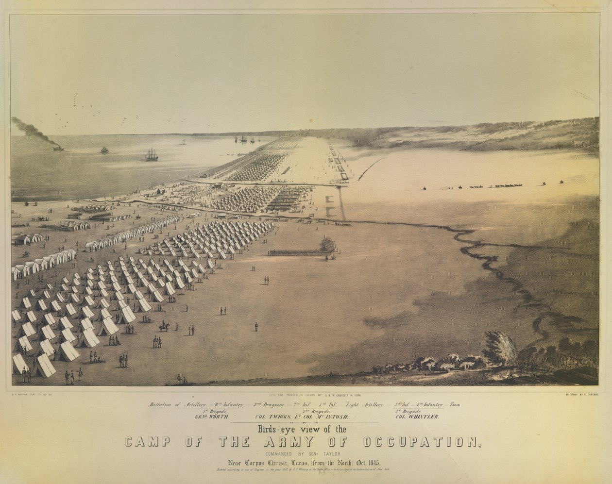 Fugleperspektiv af lejren for besættelseshæren, trykt af G & W Endicott, New York, 1847 af American School