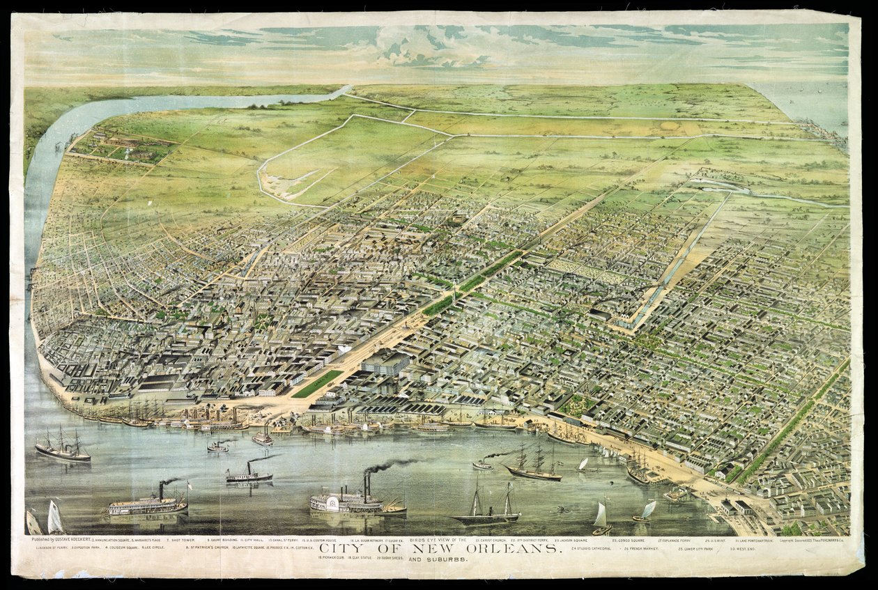 Fugleperspektiv af New Orleans og forstæder, 1873 af American School