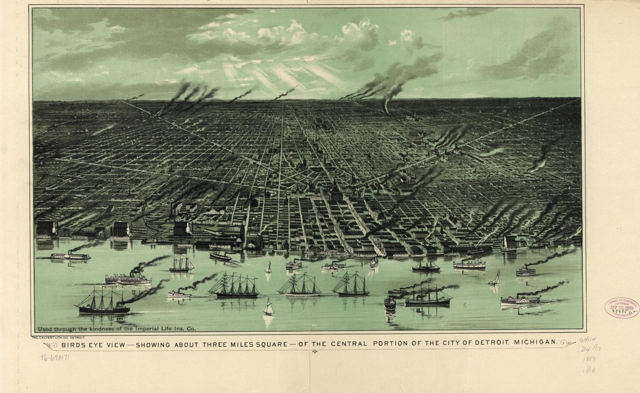 Fugleperspektiv--viser omkring tre miles square--af den centrale del af byen Detroit, Michigan, ca. 1889 (litho) af American School