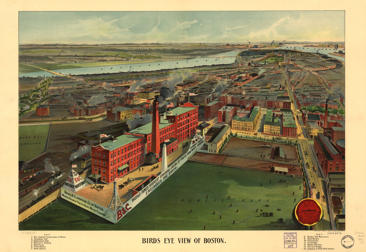 Boston i fugleperspektiv, ca. 1902 (farve litho) af American School