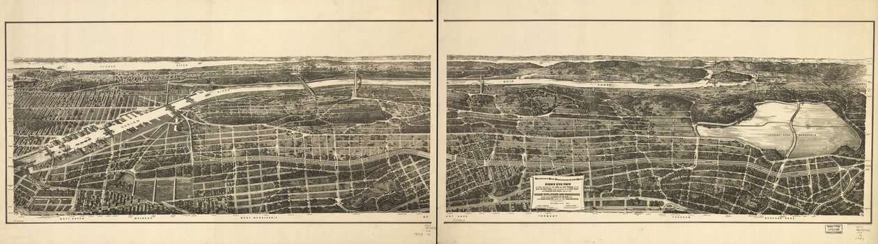 Fugleperspektiv af den del af den 23. og 24. bydel i New York, der ligger vest for New York and Harlem Railroad, og af Grand Boulevard og Concourse, der forbinder Manhattan Island med parksystemet nord for Harlem-floden af American School