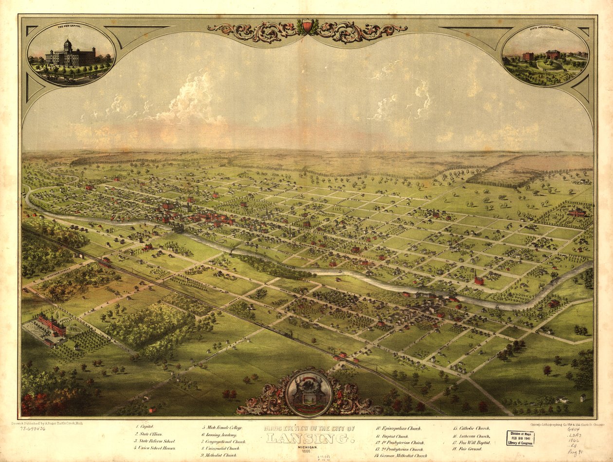 Fugleperspektiv af byen Lansing, Michigan 1866 (farve litho) af American School