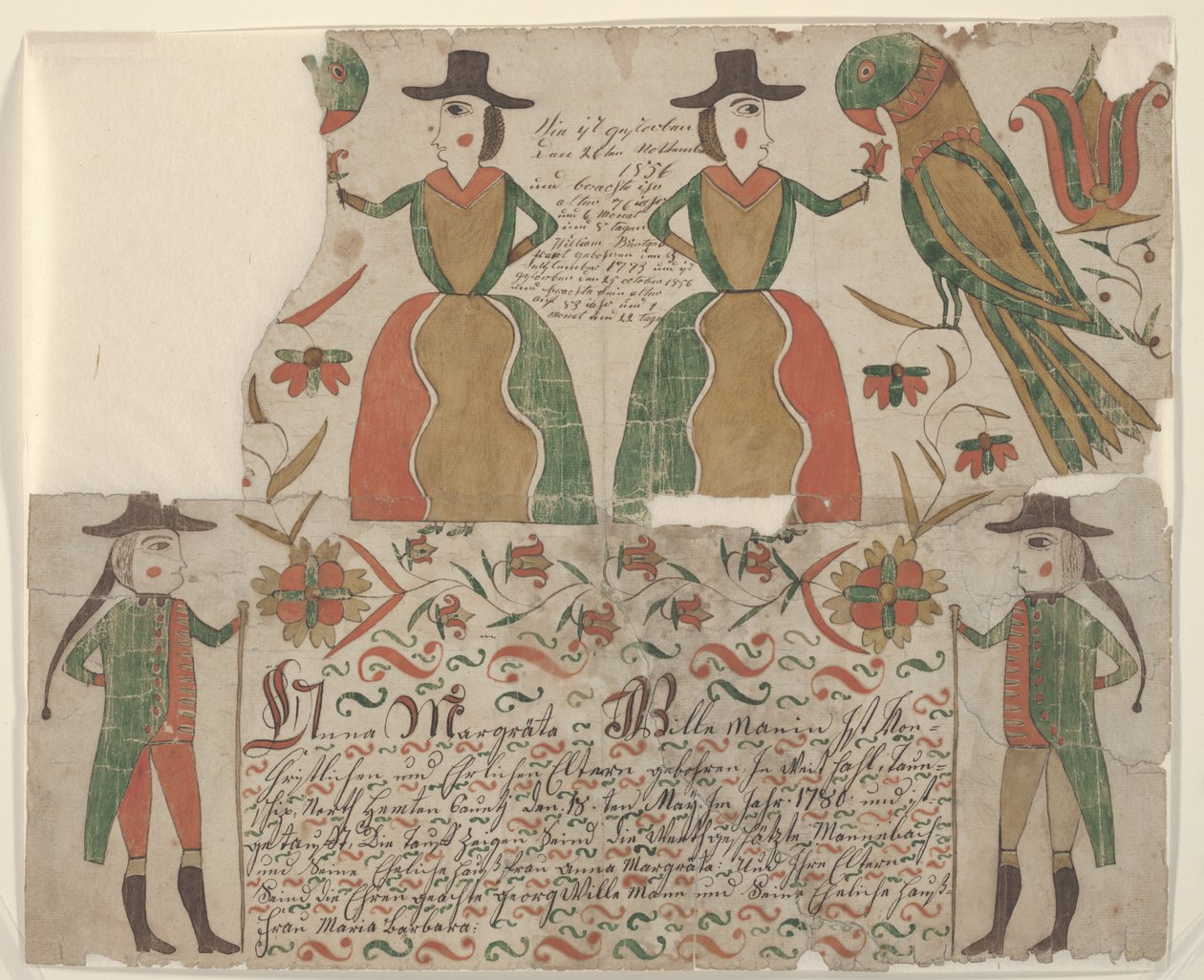 Fødsels- og dåbsattest for Anna Margräta Willeman, Fraktur maleri, ca. 1810 (pen & blæk med wc på papir) af American School