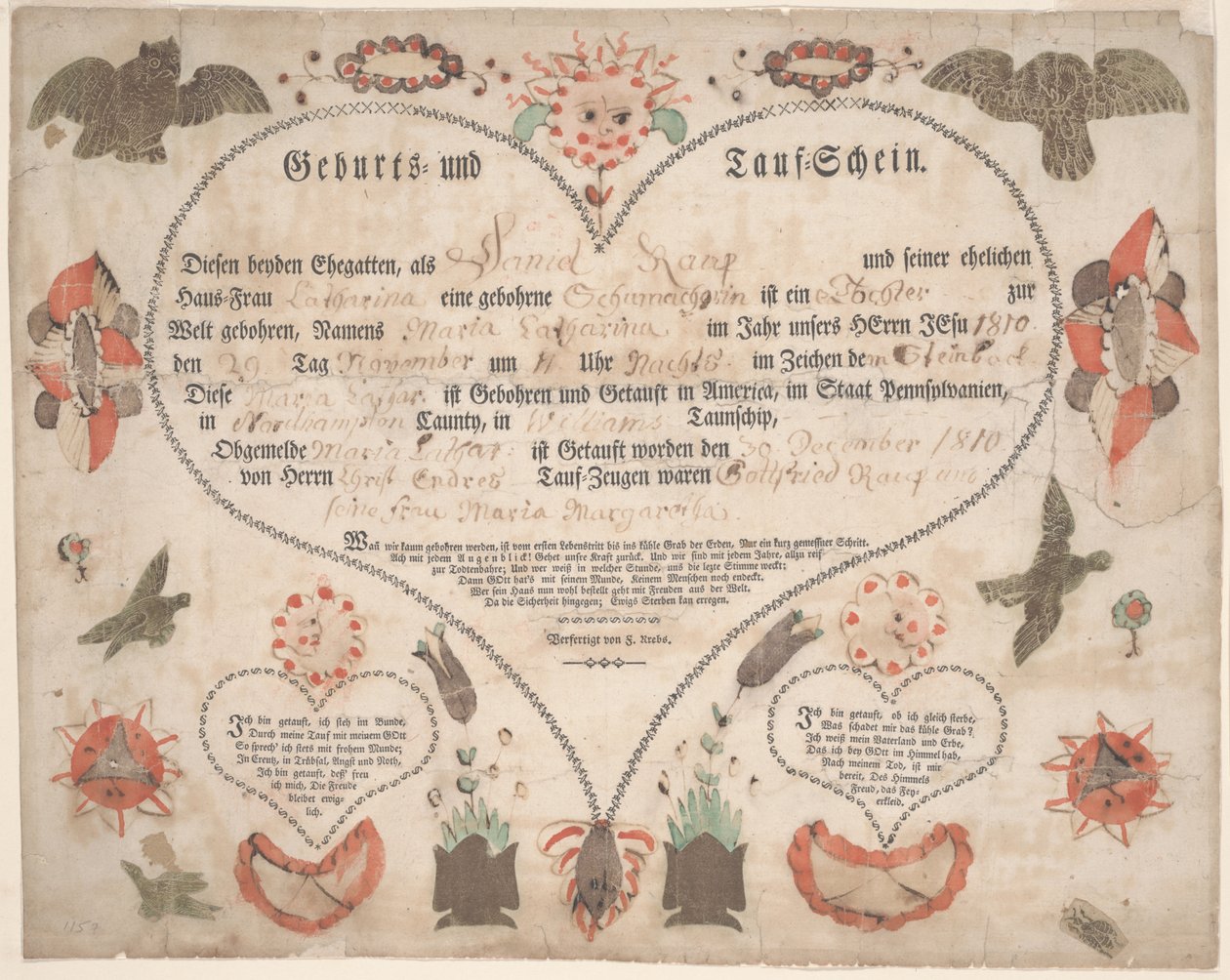 Fødsels- og dåbsattest (Geburts und Taufschein) for Maria Catharina Raup ca. 1806 (pen & blæk med akvarel på papir) af American School
