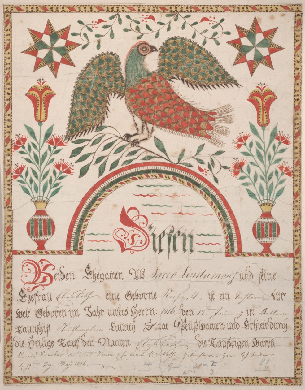 Fødsels- og dåbsattest for Elisabeth Lindaman, ca. 1820 (blæk & wc på papir) af American School