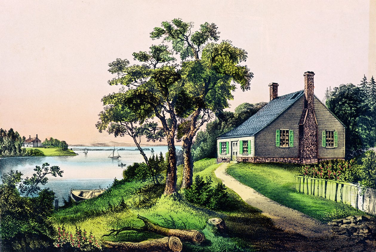 George Washingtons fødested i Bridges Creek, Westmoreland County, Virginia, 22. februar 1732, udgivet af Currier og Ives af American School