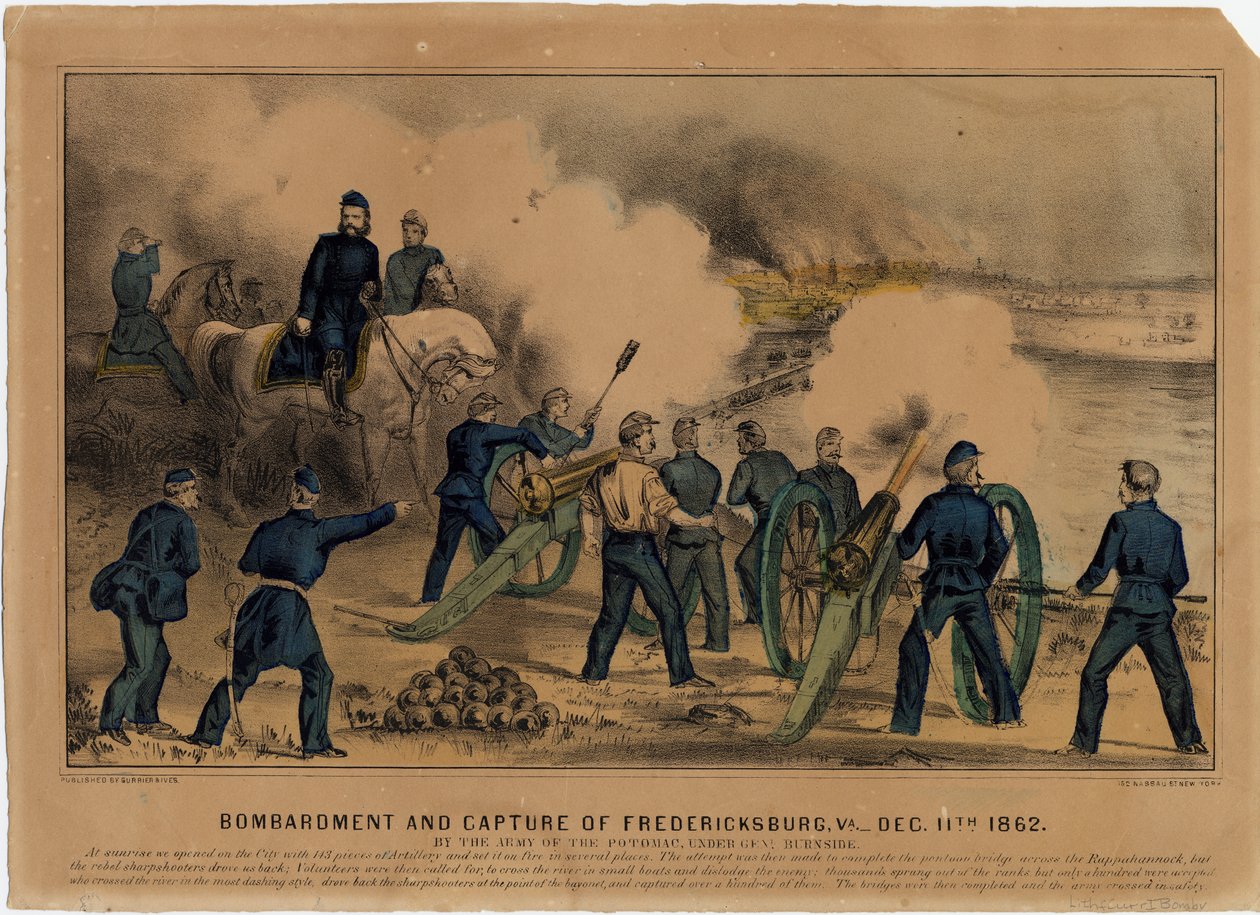 Bombardement og erobring af Fredericksburg, Va. 11. december 1862, pub. af Currier & Ives, ca. 1862 af American School