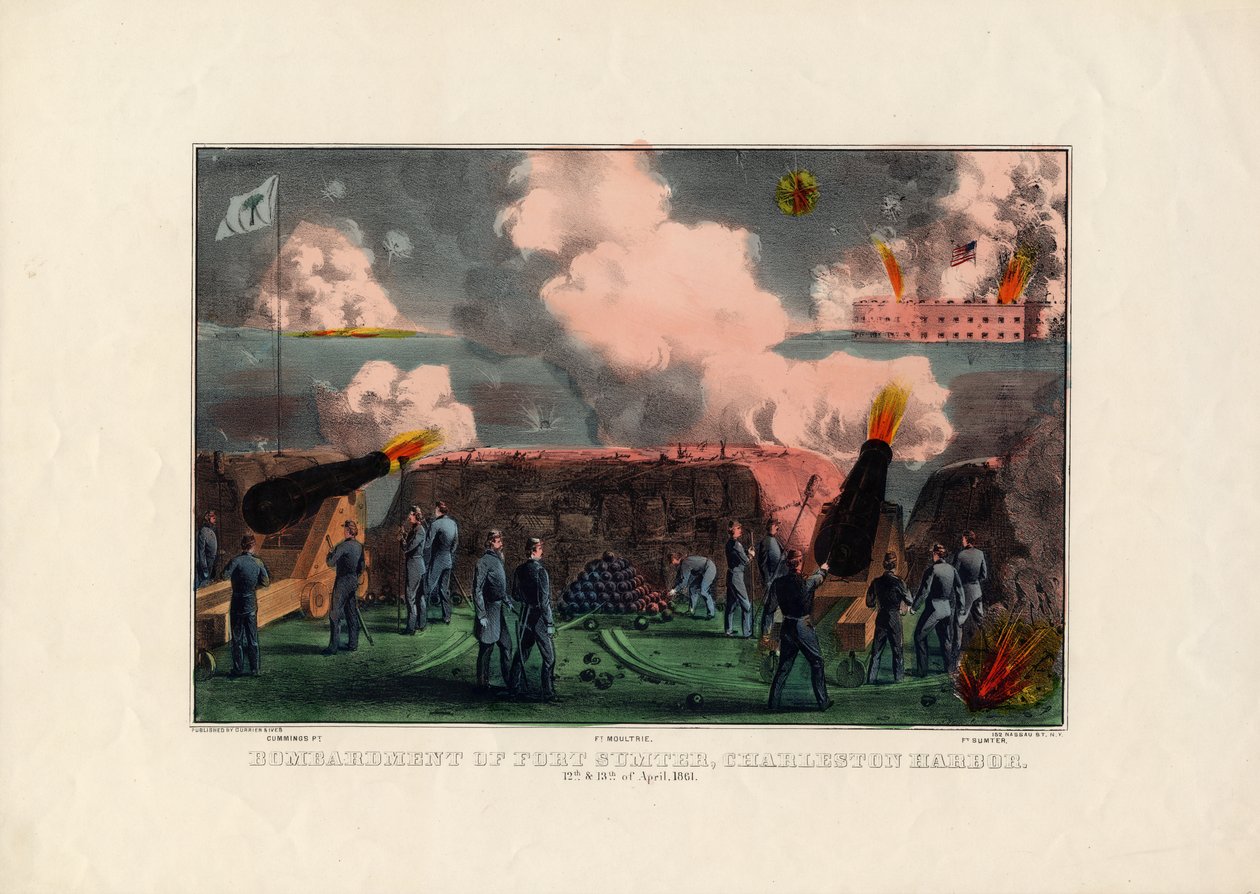 Bombardement af Fort Sumter, Charleston Harbor, 12. og 13. april 1861, pub. af Currier & Ives, ca. 1861 af American School
