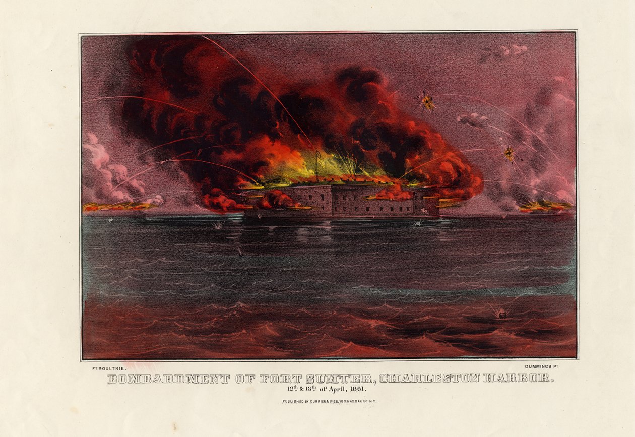 Bombardement af Fort Sumter, Charleston Harbor, 12. og 13. april 1861, pub. af Currier & Ives, ca. 1861 af American School