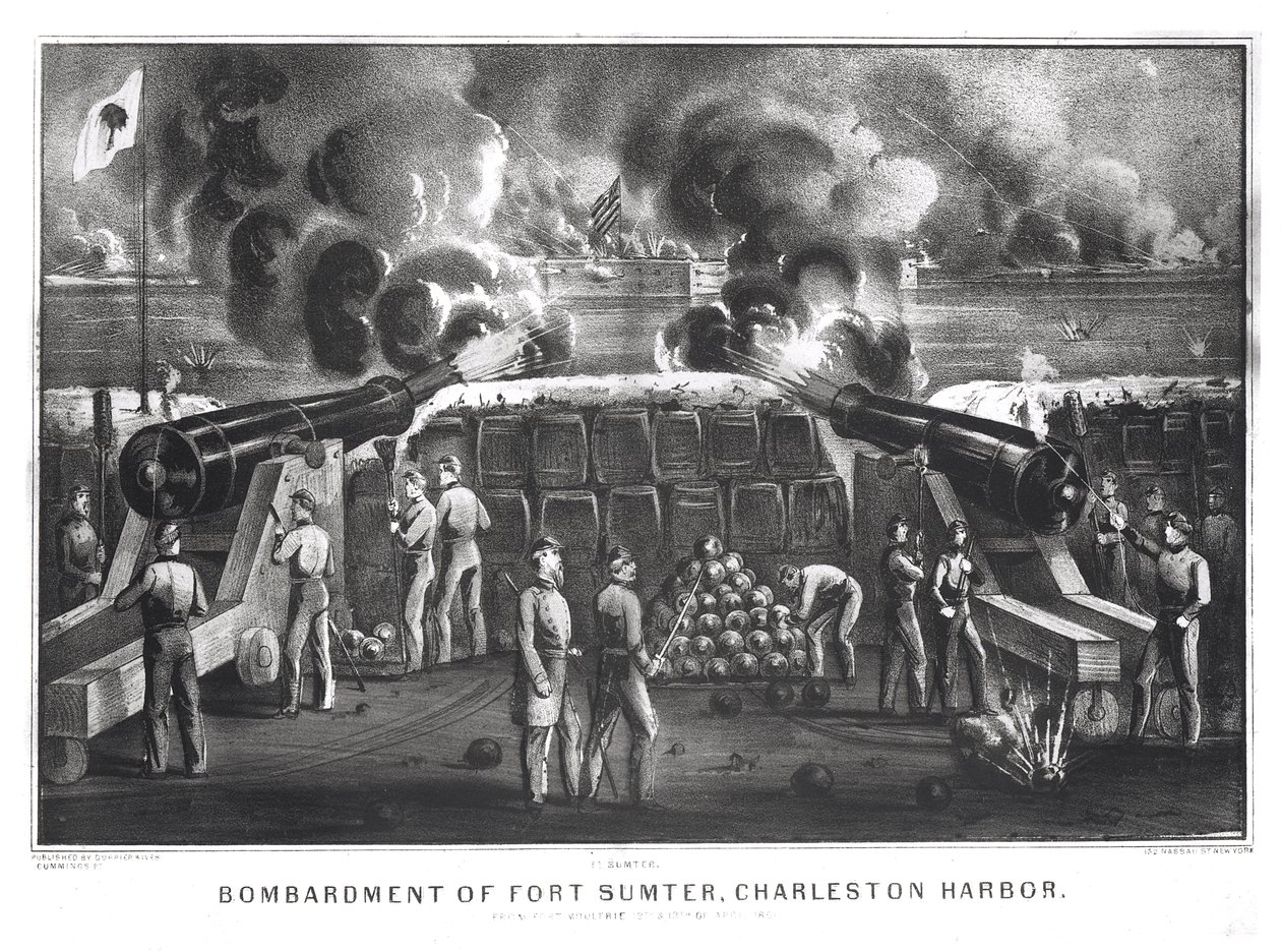 Bombardement af Fort Sumter, Charleston Harbor fra Fort Moultrie, 12. og 13. april 1861, pub. af Currier og Ives af American School