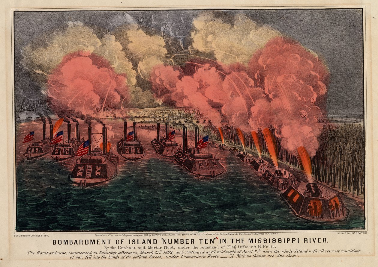 Bombardement af ø nummer ti i Mississippi-floden, pub. af Currier & Ives, 1862 af American School